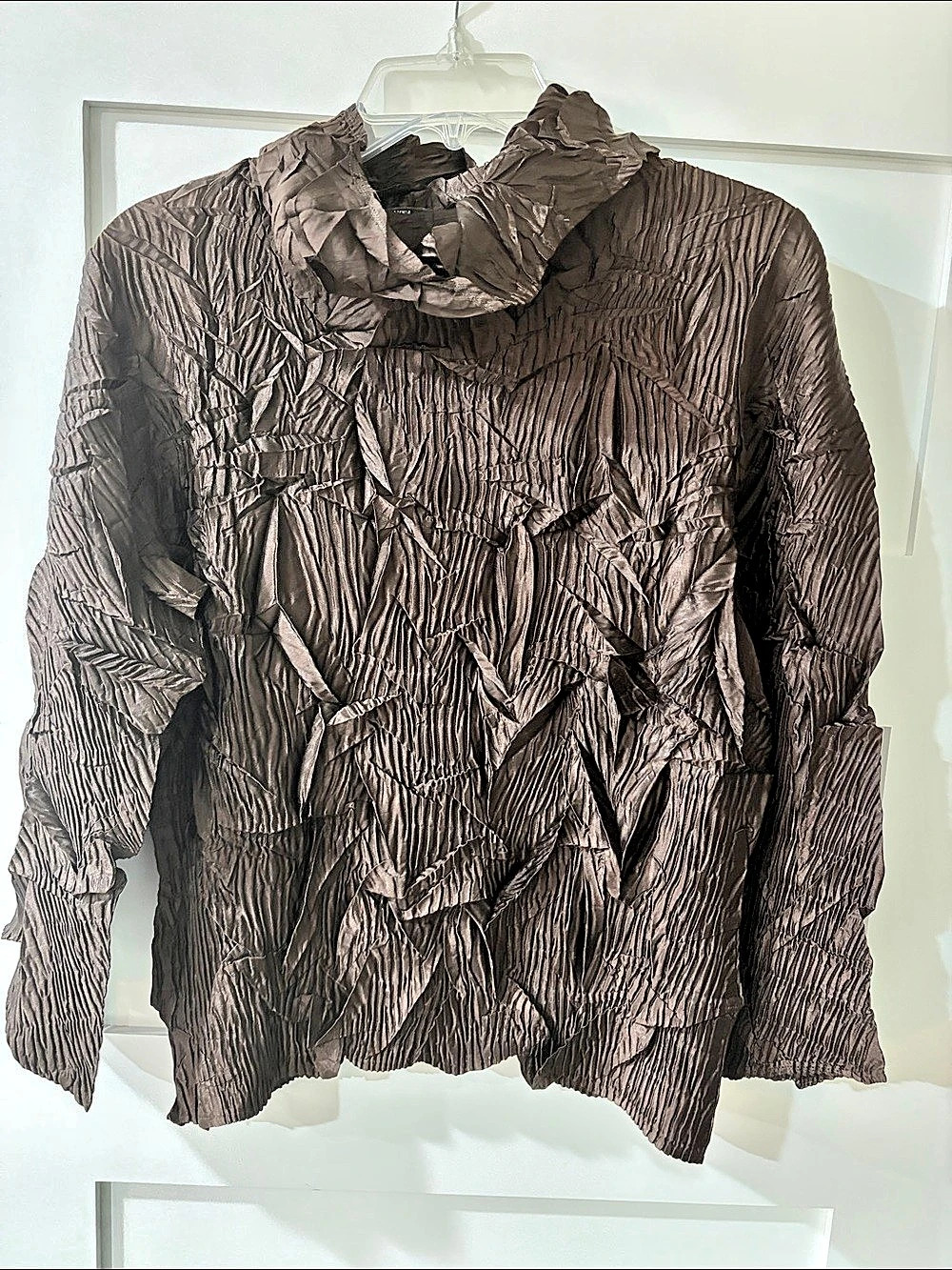 VTG Jolie Mine Paris Crinkle Plissé High Neck Top Brown Stretch Avant Garde OS